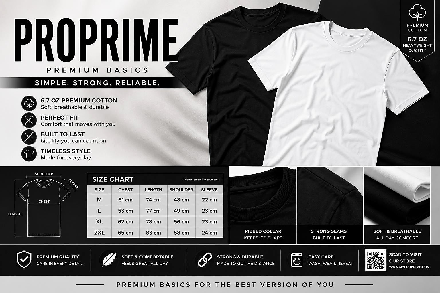 ProPrime Premium Basics infographic: 6.7 oz cotton, perfect fit, built to last, size chart M to 2XL, ribbed collar, strong seams