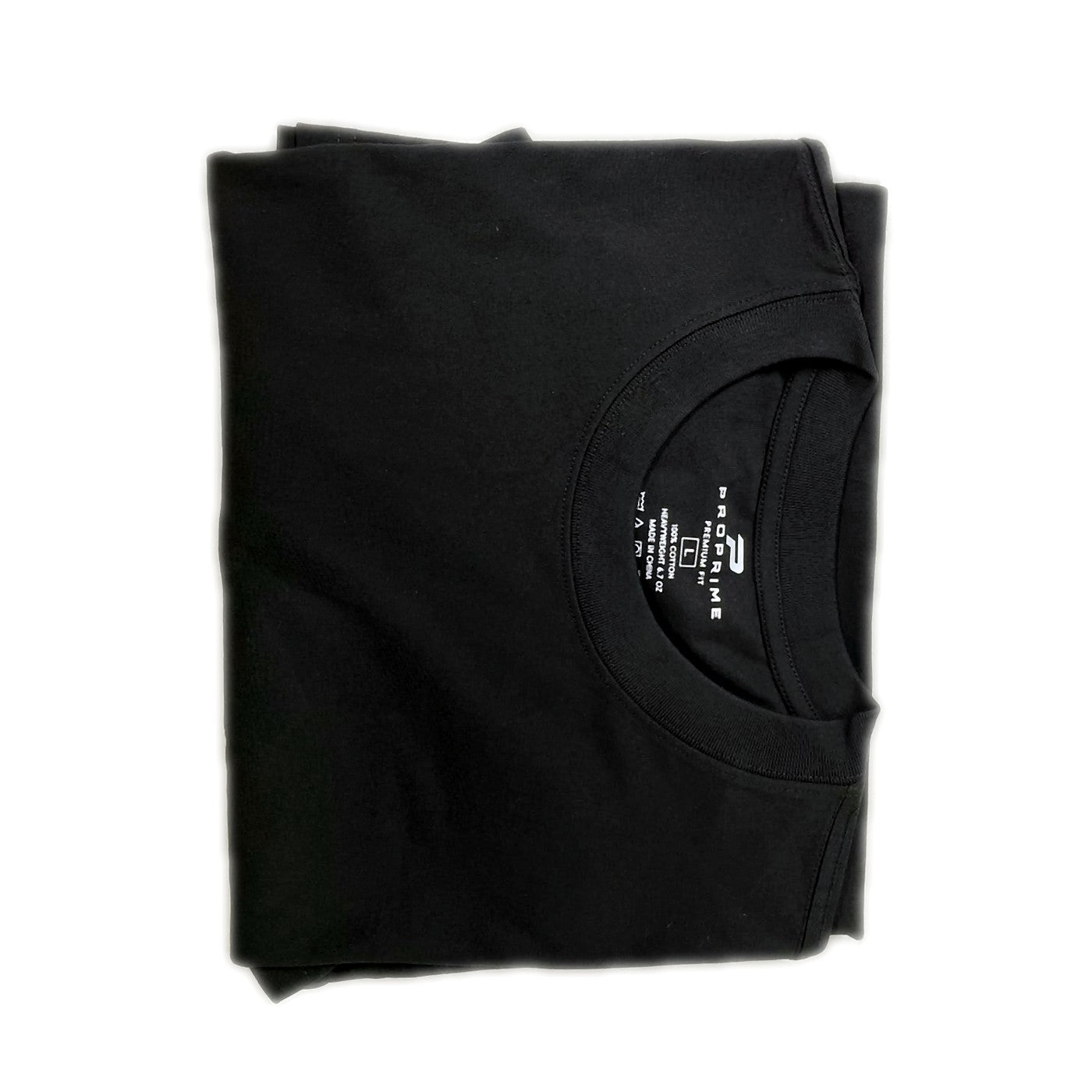 ProPrime plain black heavyweight t-shirt, folded, showing the ribbed round neck and printed neck label