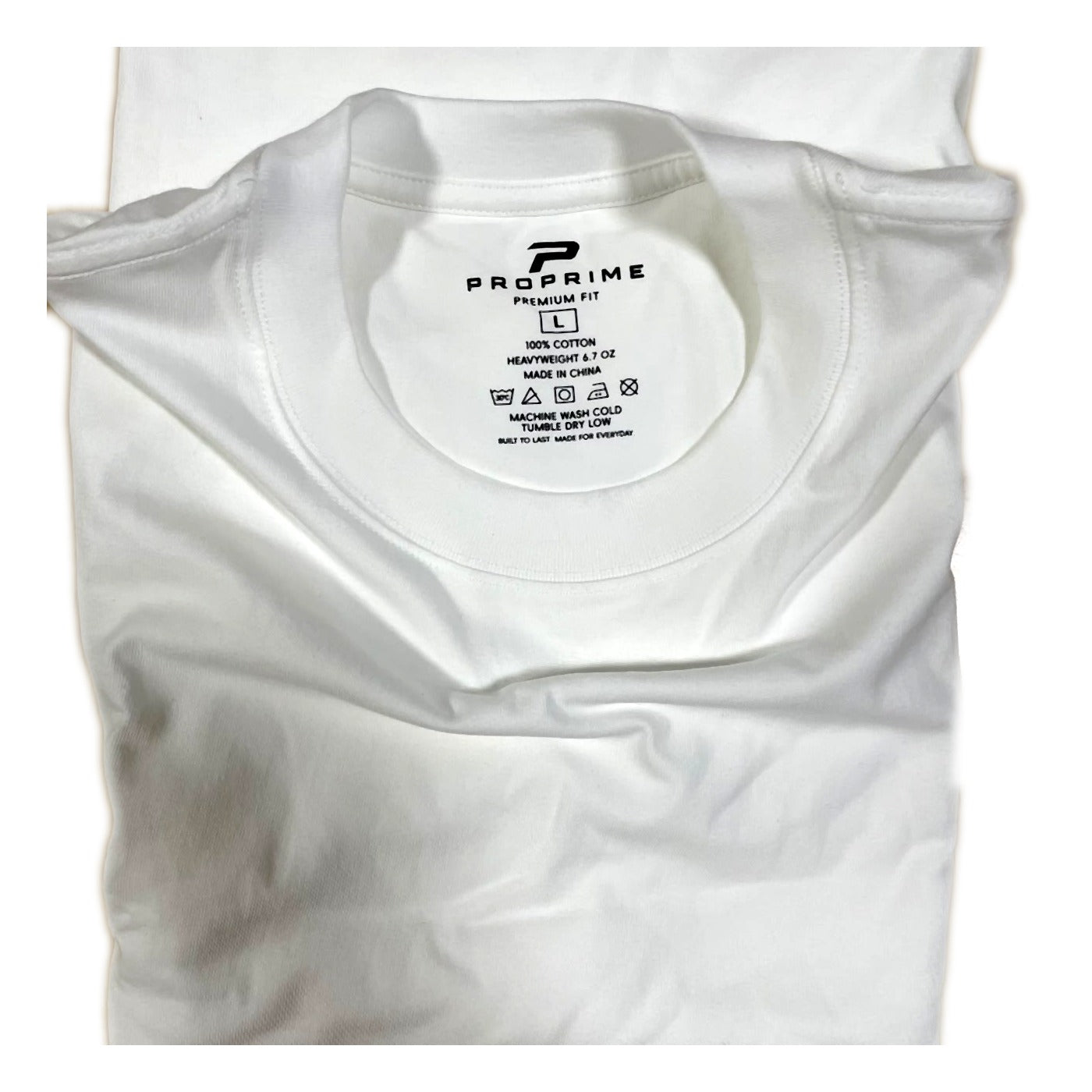 ProPrime plain white heavyweight t-shirt showing the ribbed round neck and printed neck label