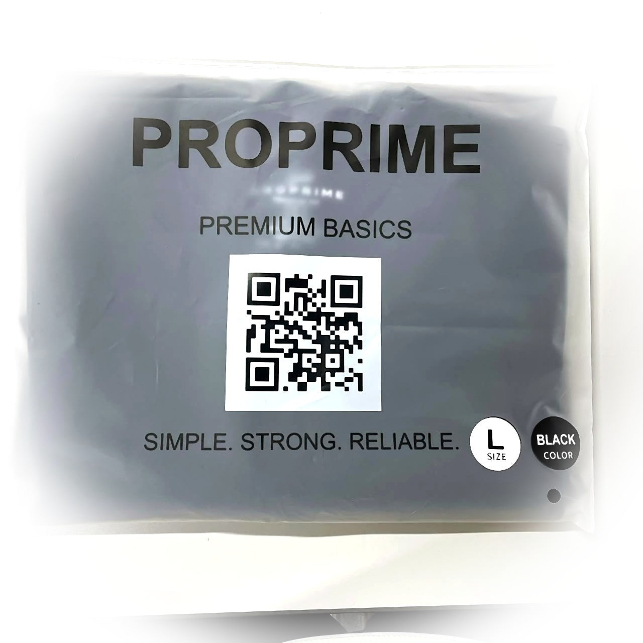 ProPrime black t-shirt individually folded and sealed in a labeled poly bag